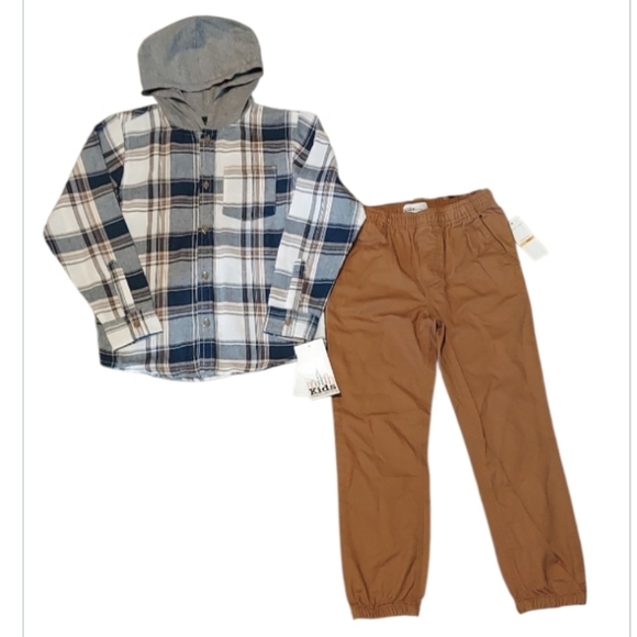 Kids Headquarters 2 PC Hooded Plaid Shirt and Wheat Pants Set ~sz 7 - Picture 1 of 7